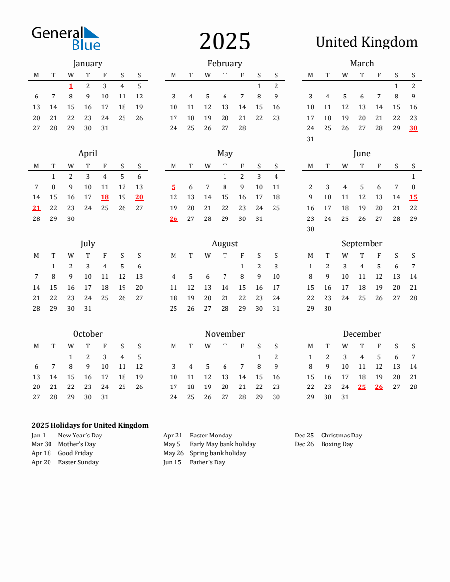 Free United Kingdom Holidays Calendar for Year 2025