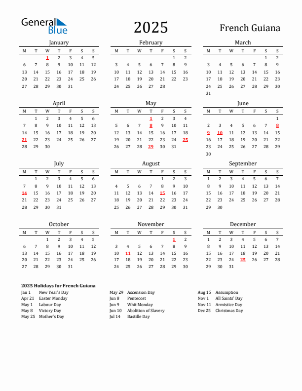 French Guiana Holidays Calendar for 2025