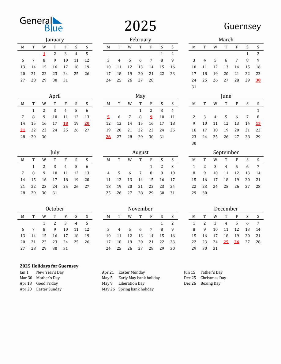 Free Guernsey Holidays Calendar for Year 2025