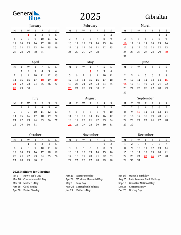 Gibraltar Holidays Calendar for 2025