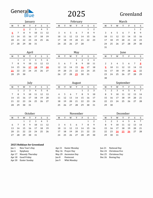 Greenland Holidays Calendar for 2025