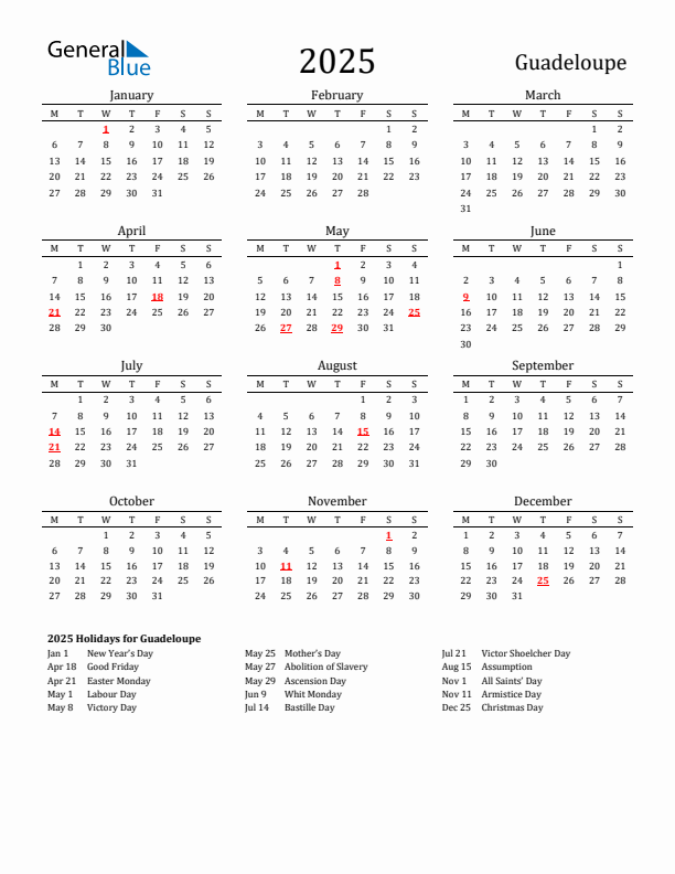 Guadeloupe Holidays Calendar for 2025