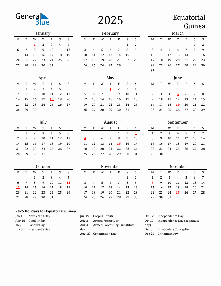 Free Equatorial Guinea Holidays Calendar for Year 2025