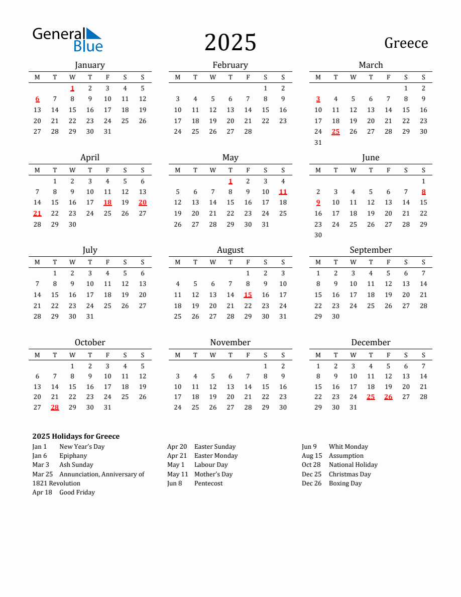 Free Greece Holidays Calendar for Year 2025