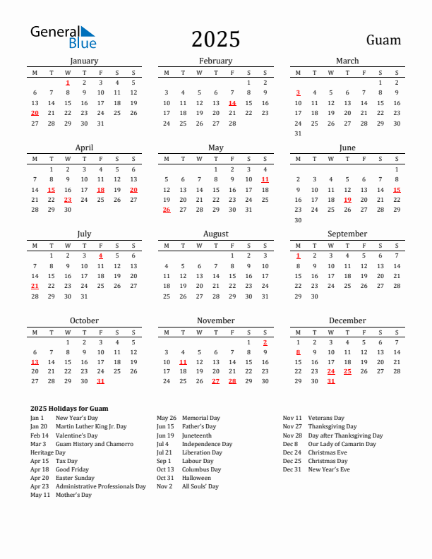 Guam Holidays Calendar for 2025