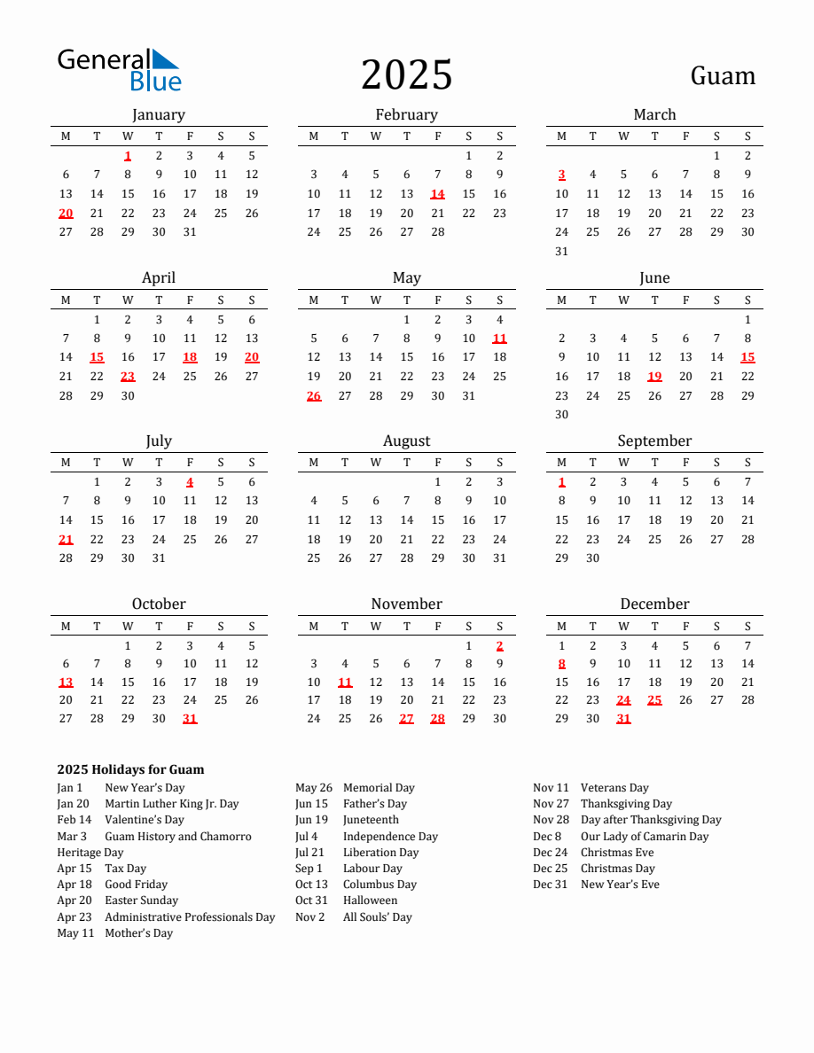 Free Guam Holidays Calendar for Year 2025