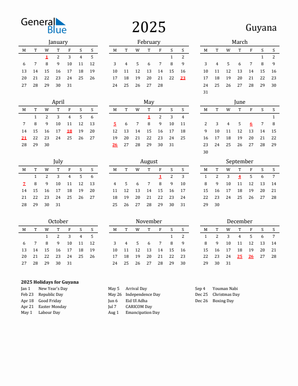 2025 Holiday Calendar for Guyana Monday Start