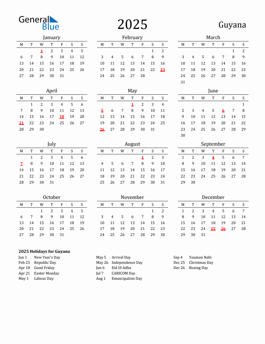 Free Guyana Holidays Calendar for Year 2025