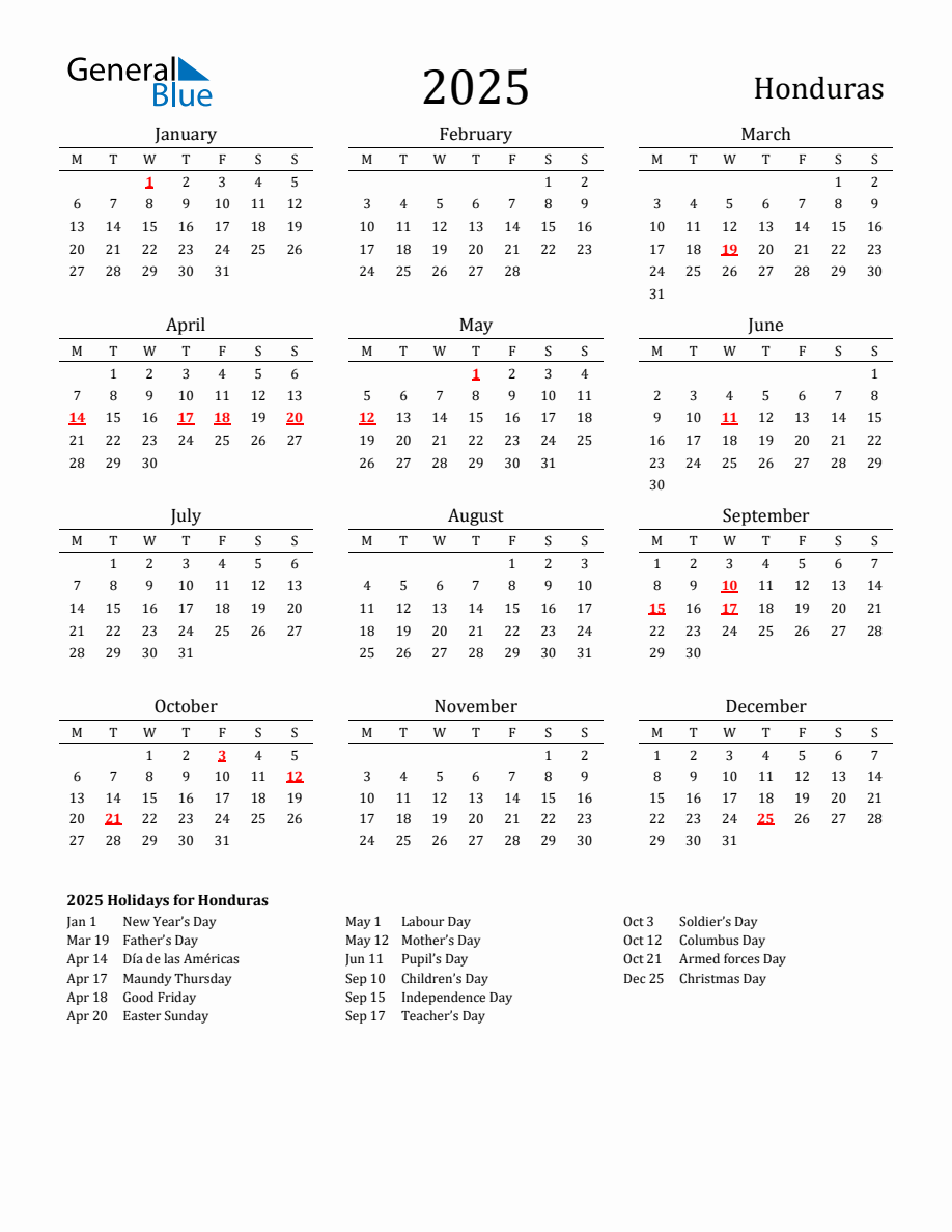 Free Honduras Holidays Calendar for Year 2025