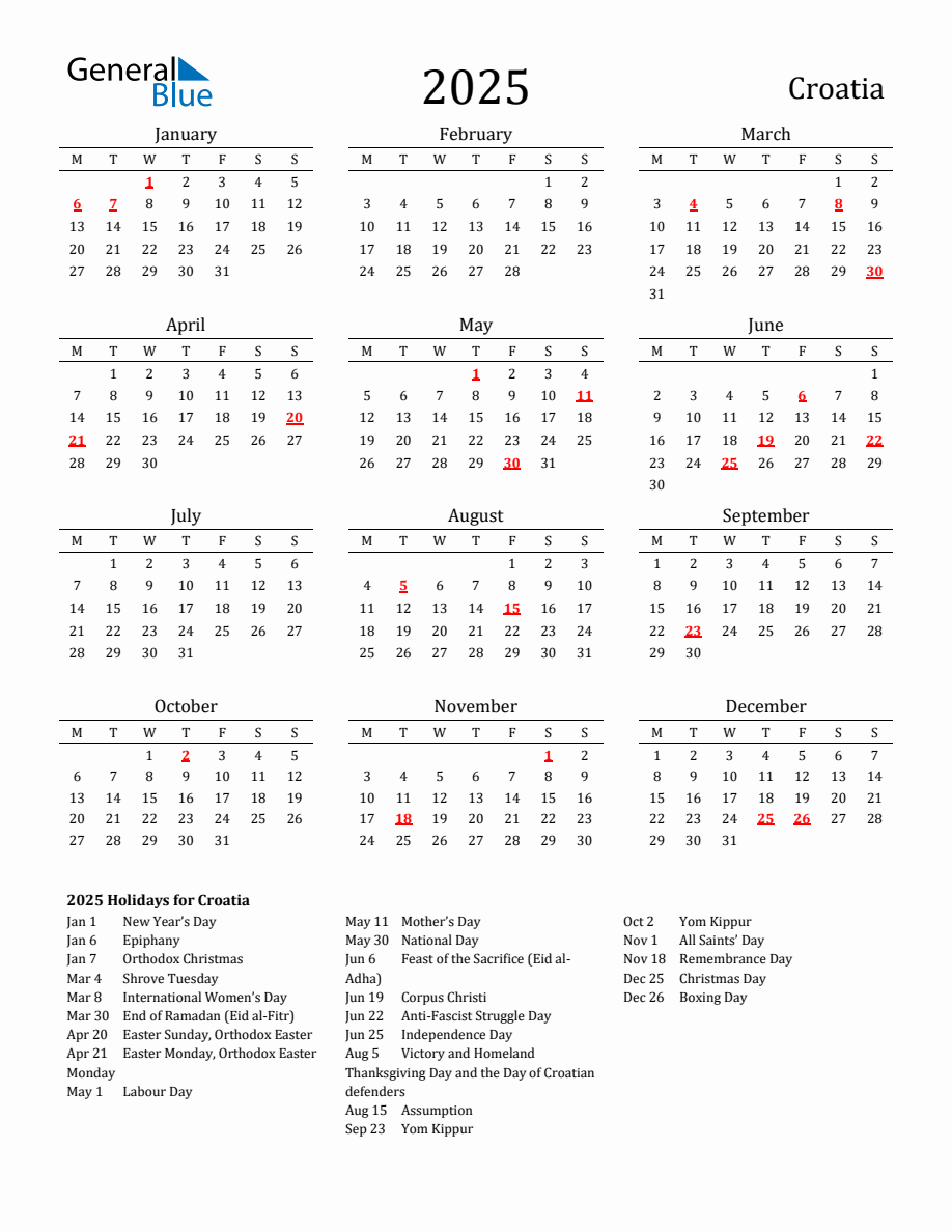 Free Croatia Holidays Calendar for Year 2025