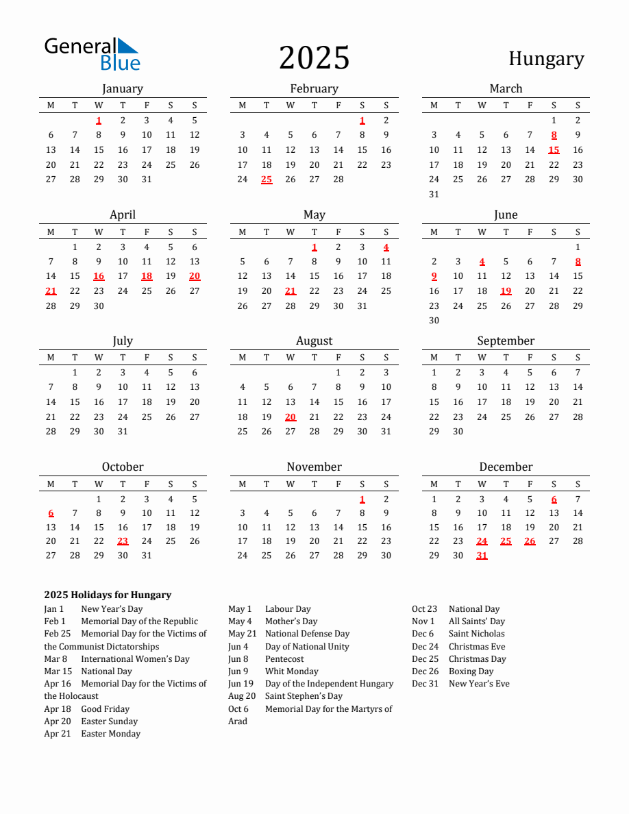 Free Hungary Holidays Calendar for Year 2025