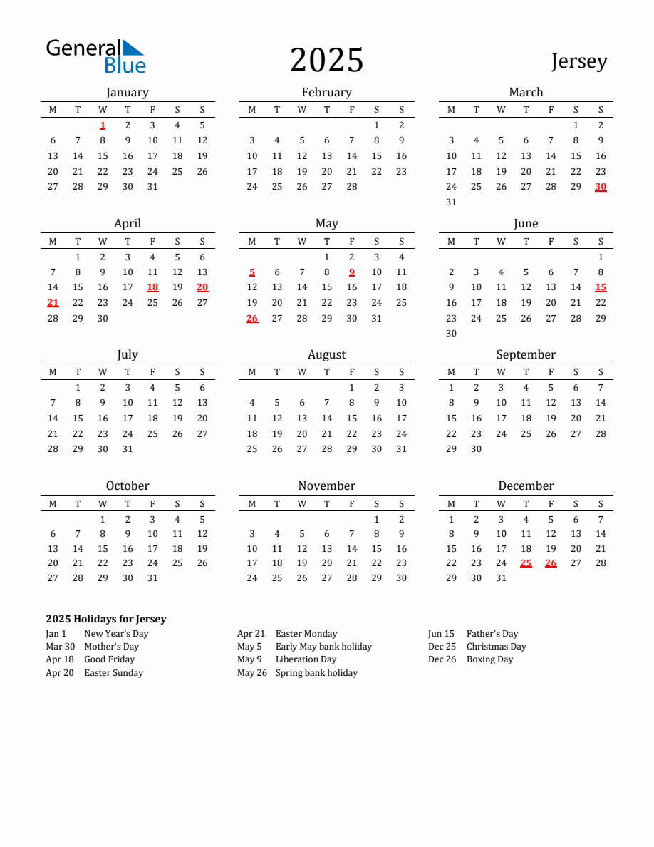 Free Jersey Holidays Calendar for Year 2025