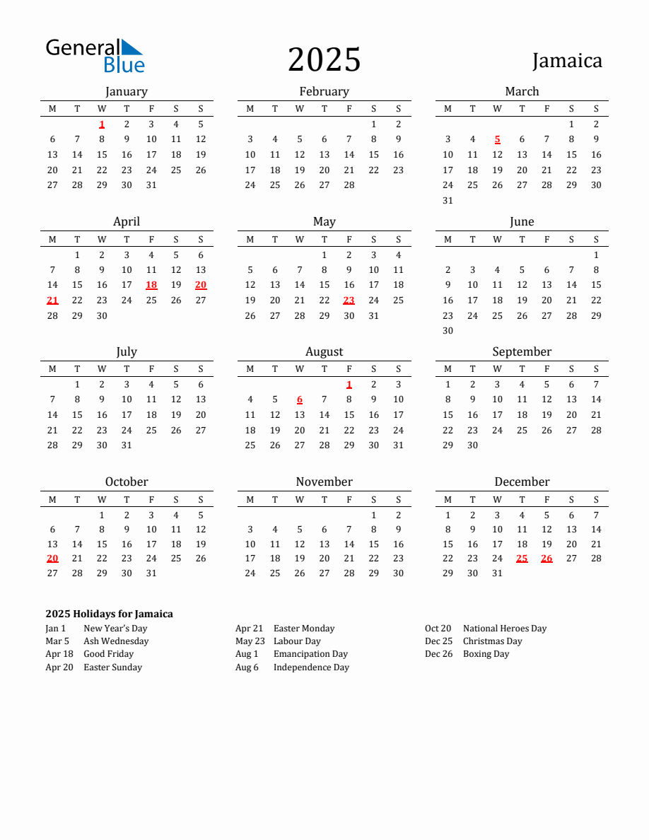 Free Jamaica Holidays Calendar for Year 2025