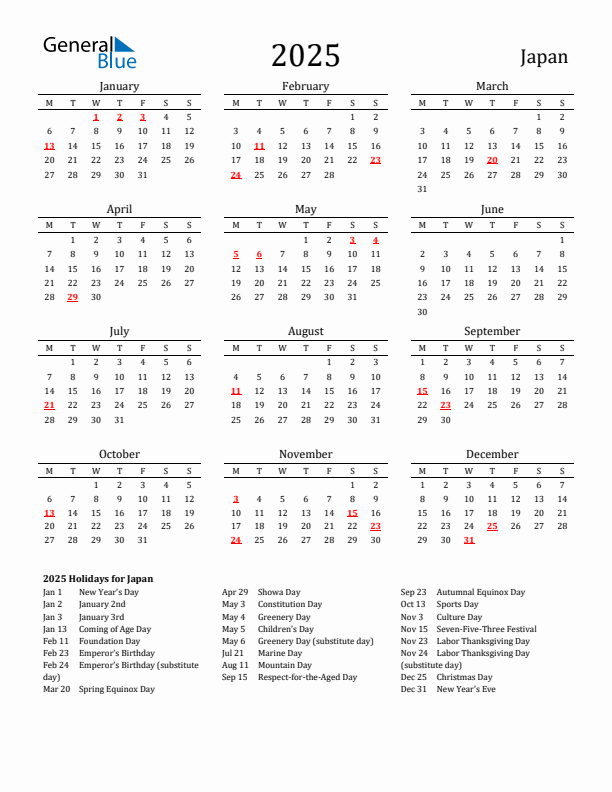 Japan Holidays Calendar for 2025