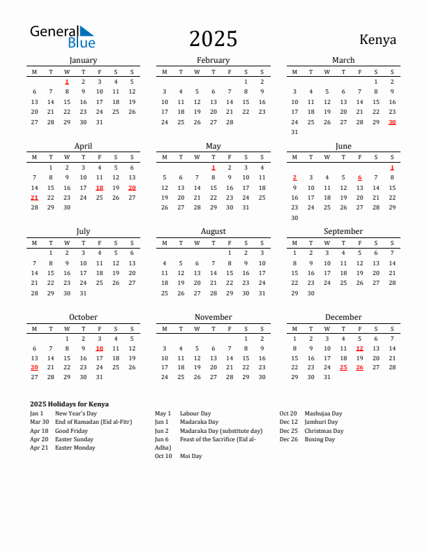 Kenya Holidays Calendar for 2025