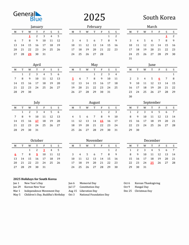 Free South Korea Holidays Calendar for Year 2025