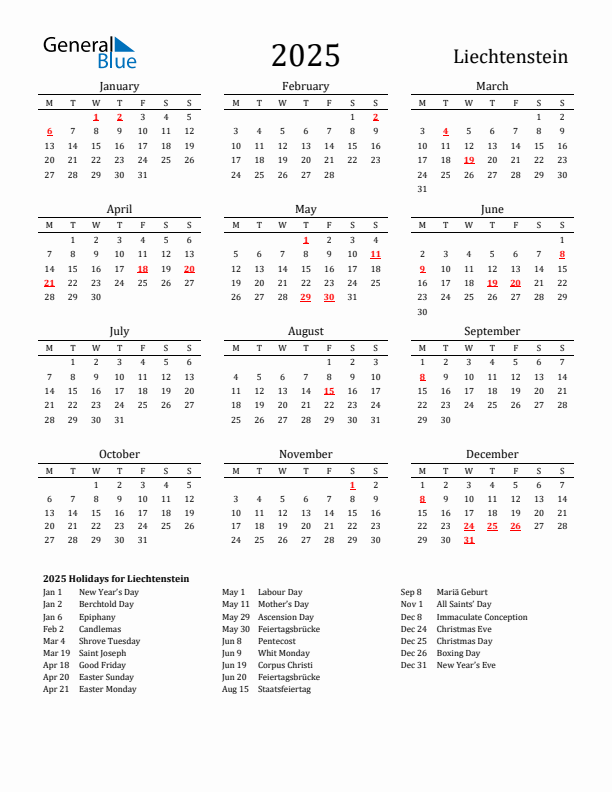 Liechtenstein Holidays Calendar for 2025