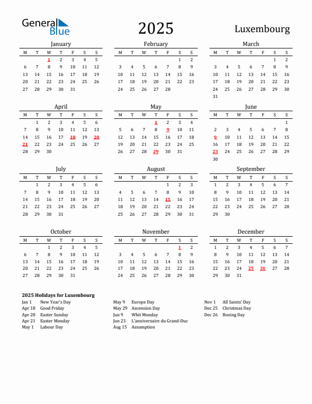 Luxembourg Holidays Calendar for 2025