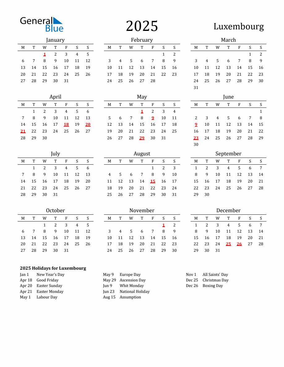 Free Luxembourg Holidays Calendar for Year 2025