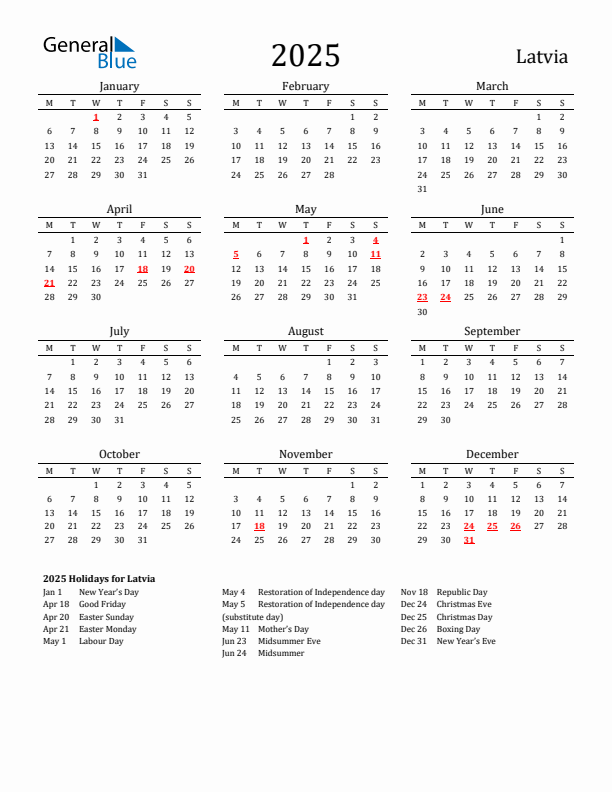 Latvia Holidays Calendar for 2025