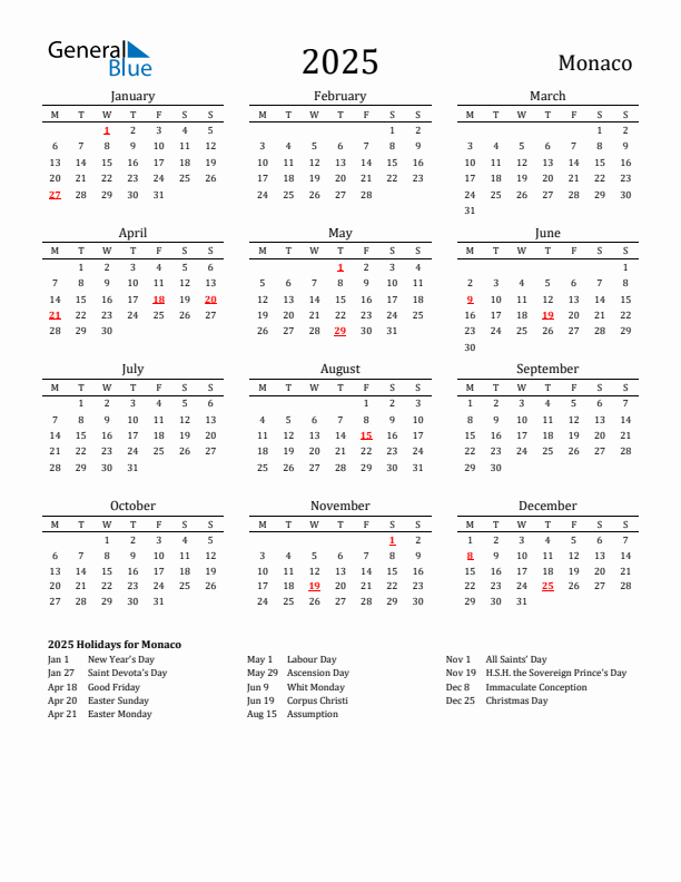Monaco Holidays Calendar for 2025