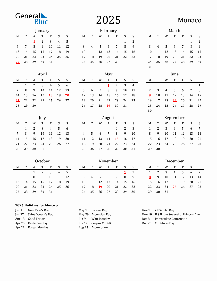 Free Monaco Holidays Calendar for Year 2025