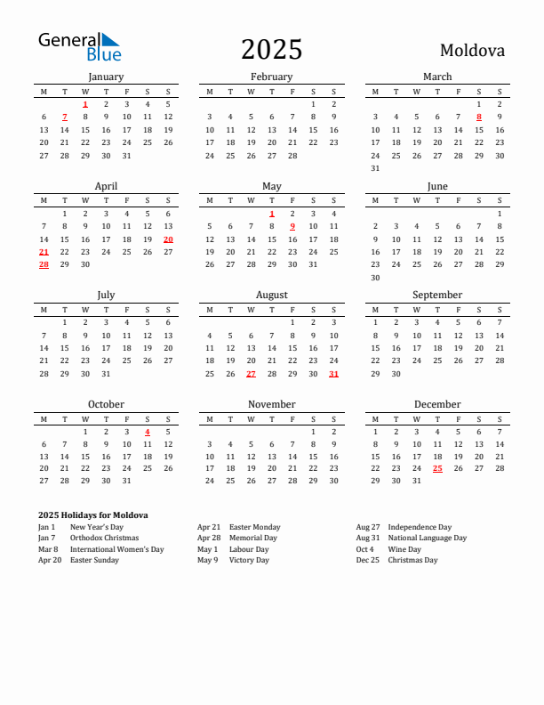 Moldova Holidays Calendar for 2025