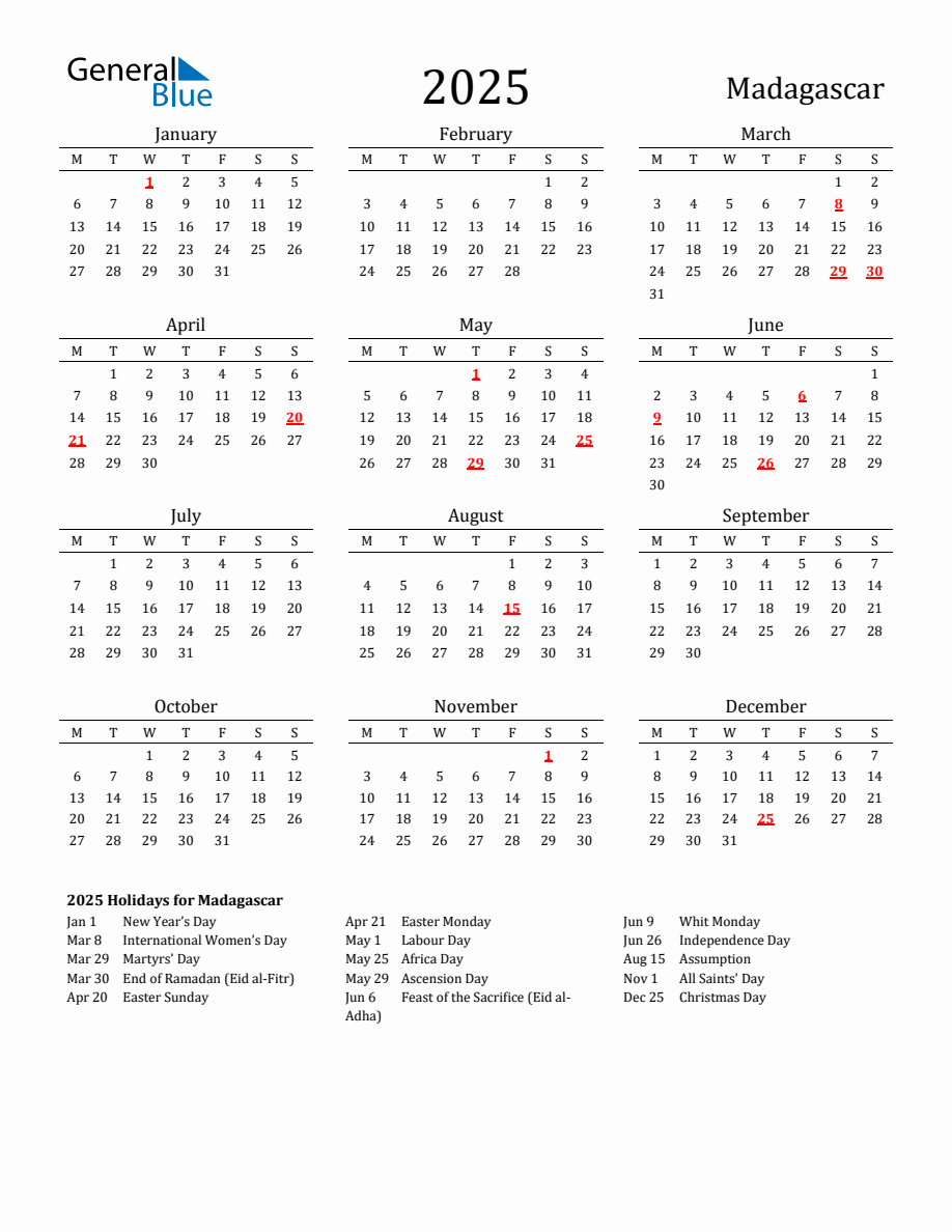 Free Madagascar Holidays Calendar for Year 2025