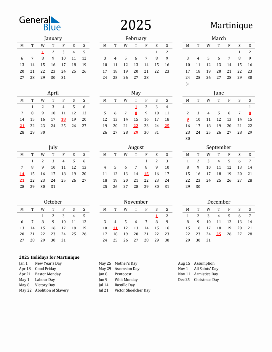 Free Martinique Holidays Calendar for Year 2025