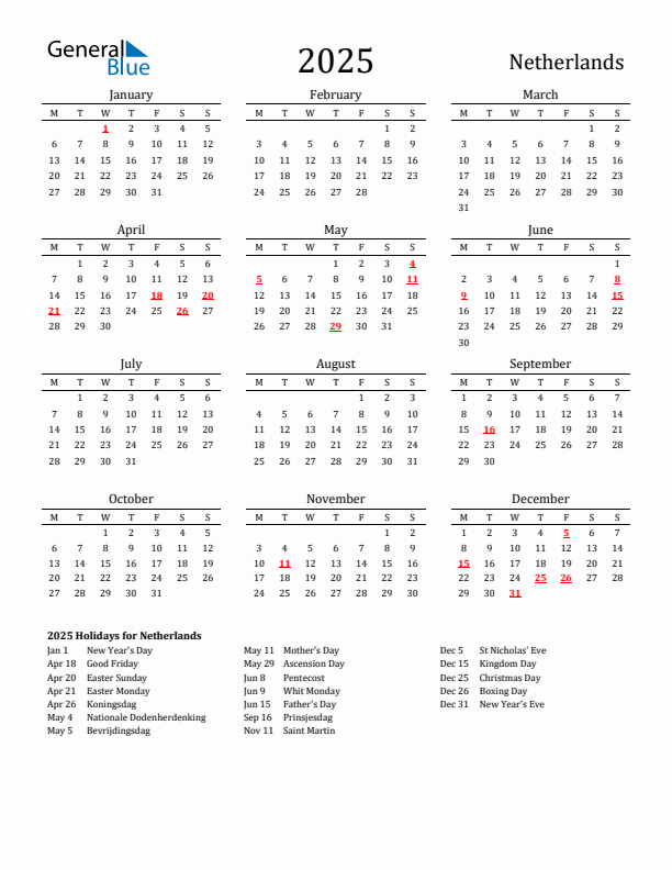 The Netherlands Holidays Calendar for 2025