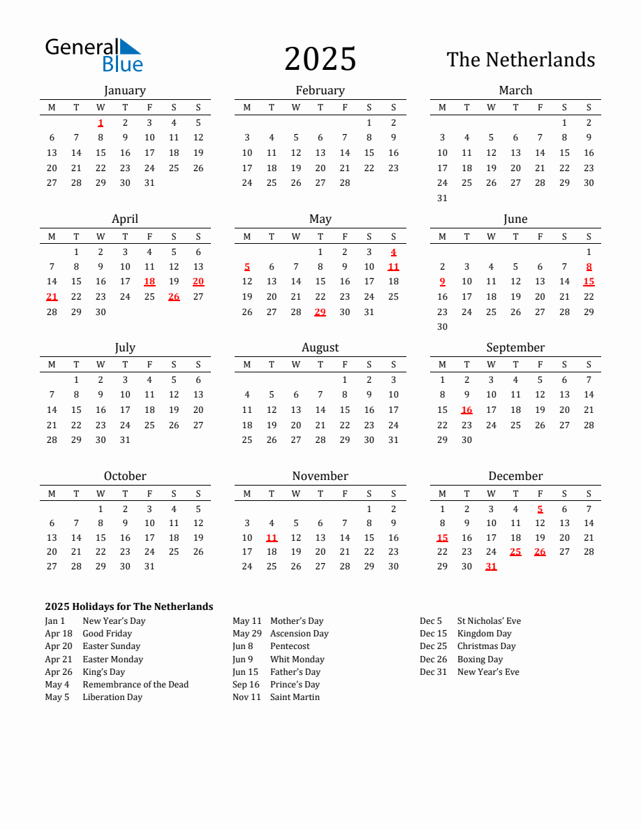 Free Netherlands Holidays Calendar for Year 2025