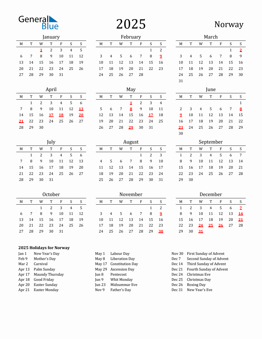 Free Norway Holidays Calendar for Year 2025