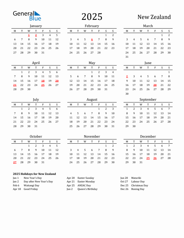 New Zealand 2025 Calendar with Holidays