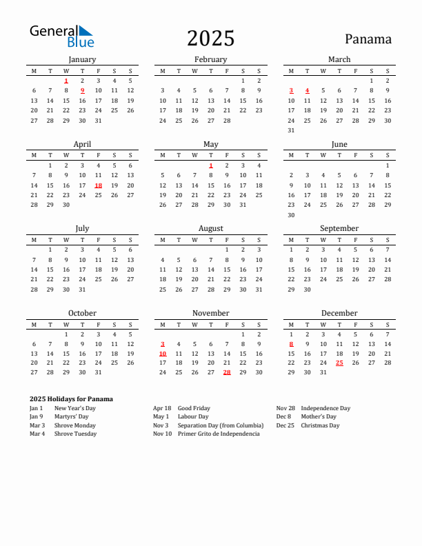 Panama Holidays Calendar for 2025