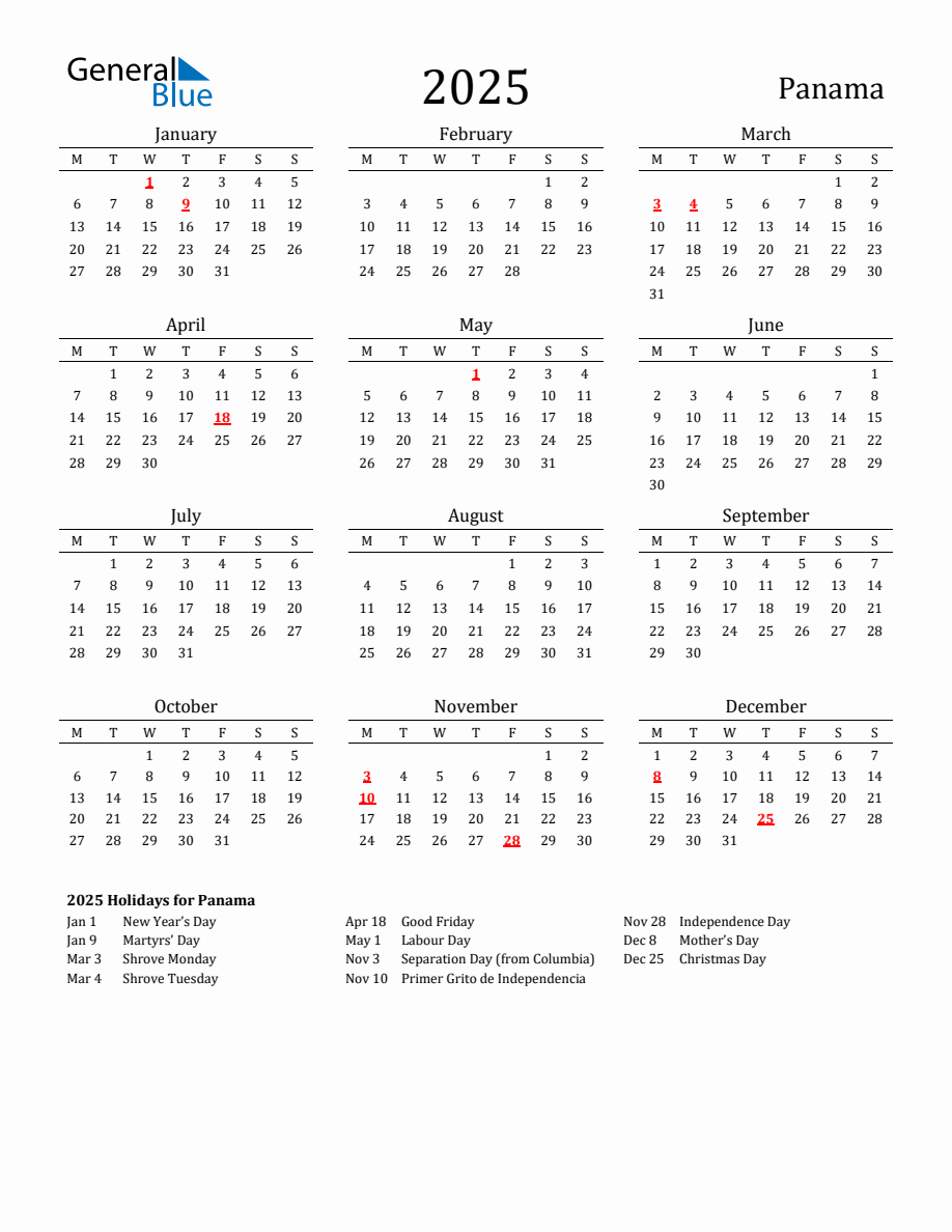 Free Panama Holidays Calendar for Year 2025