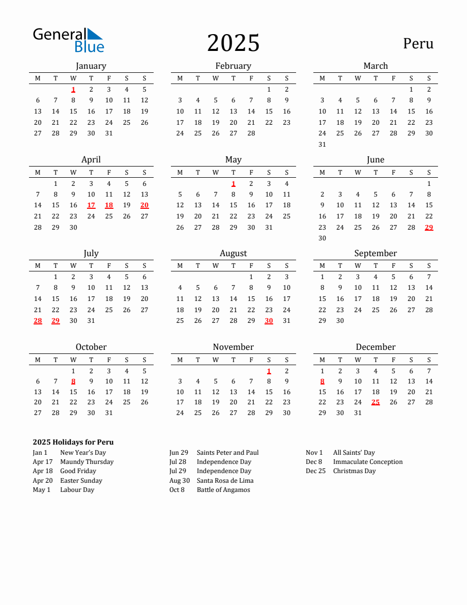 Free Peru Holidays Calendar for Year 2025