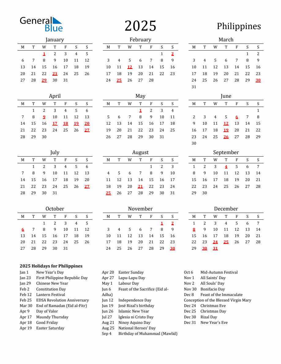 Free Philippines Holidays Calendar for Year 2025