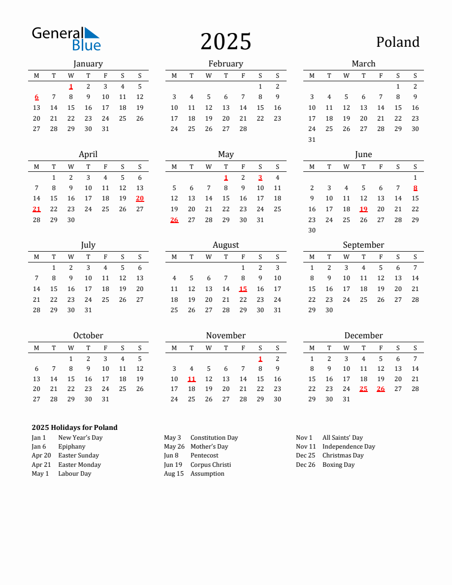 Free Poland Holidays Calendar for Year 2025