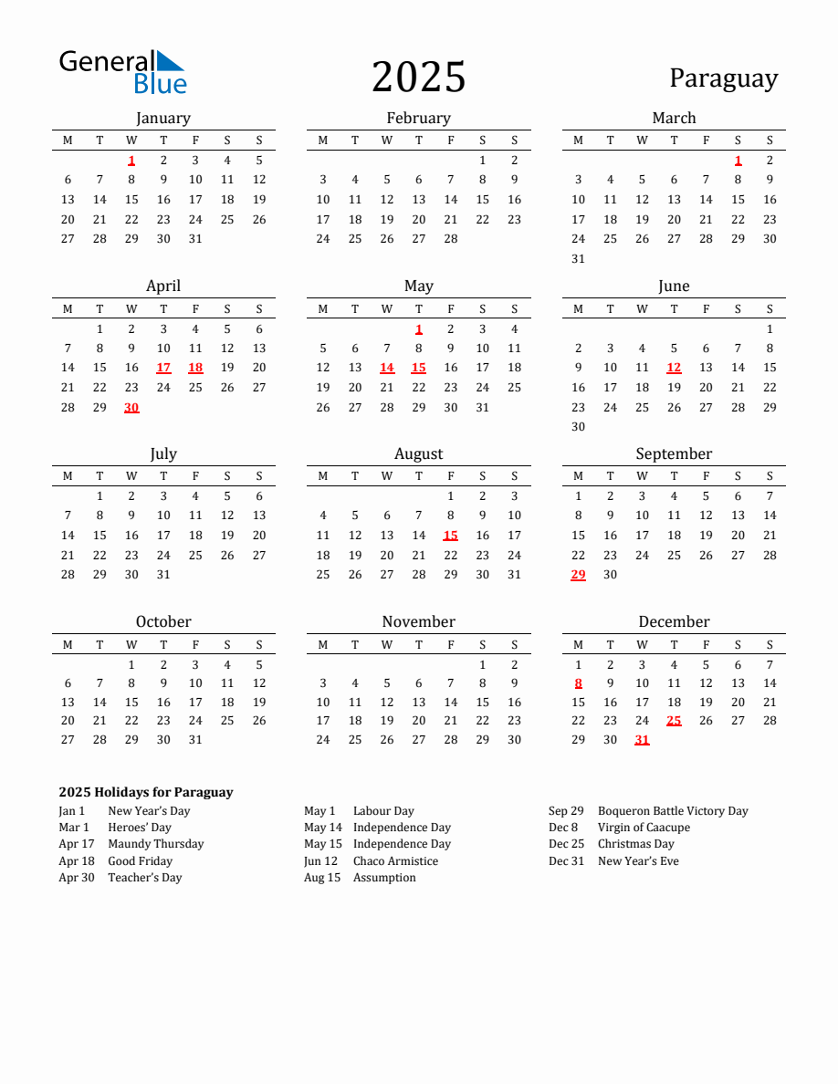 Free Paraguay Holidays Calendar for Year 2025