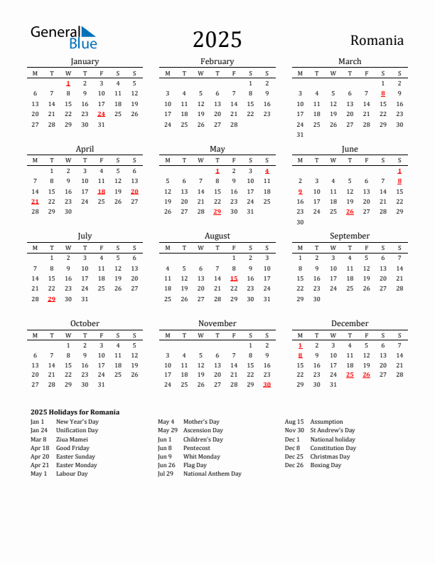 Romania Holidays Calendar for 2025