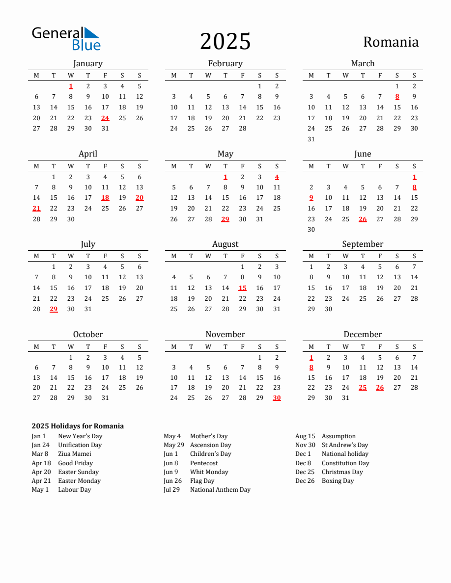 Free Romania Holidays Calendar for Year 2025