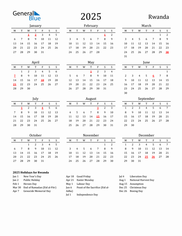 Rwanda Holidays Calendar for 2025