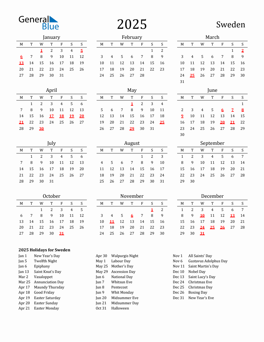 Free Sweden Holidays Calendar for Year 2025