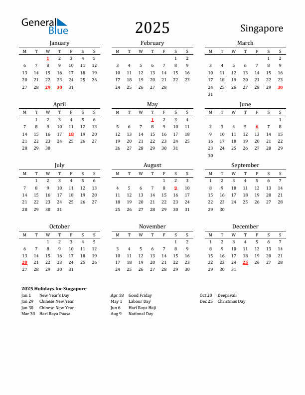 Free Singapore Holidays Calendar for Year 2025
