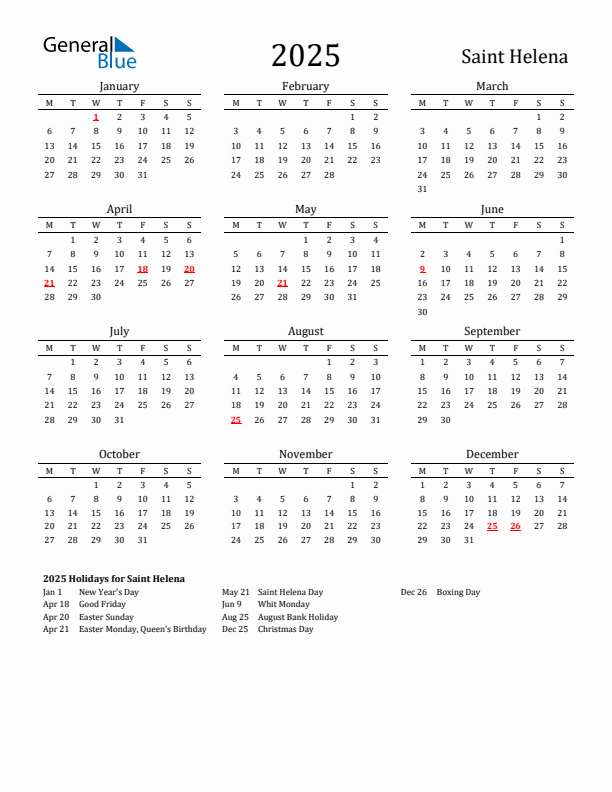 Saint Helena Holidays Calendar for 2025