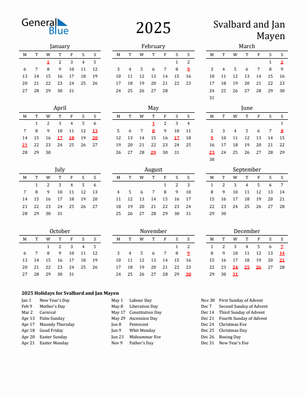 Svalbard and Jan Mayen Holidays Calendar for 2025