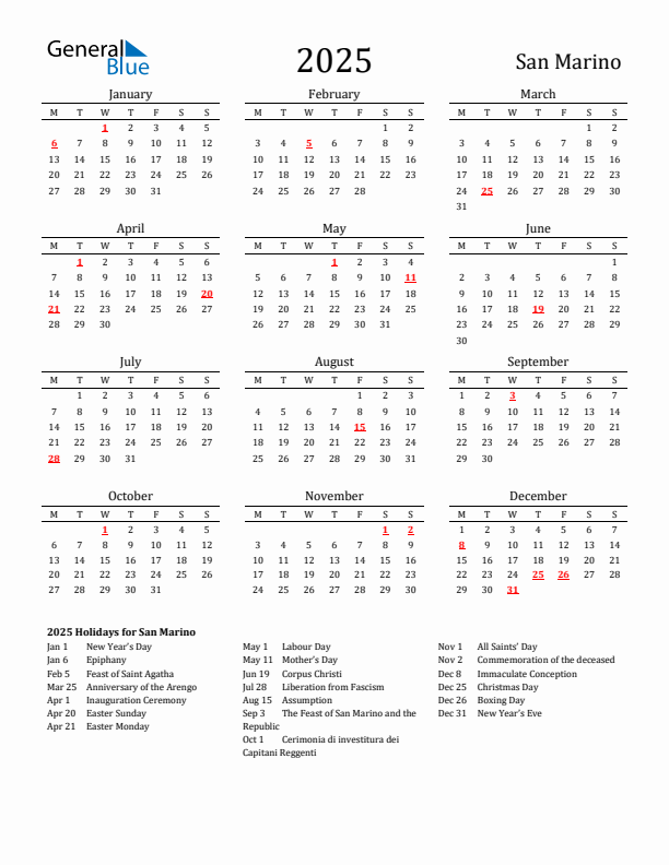San Marino Holidays Calendar for 2025