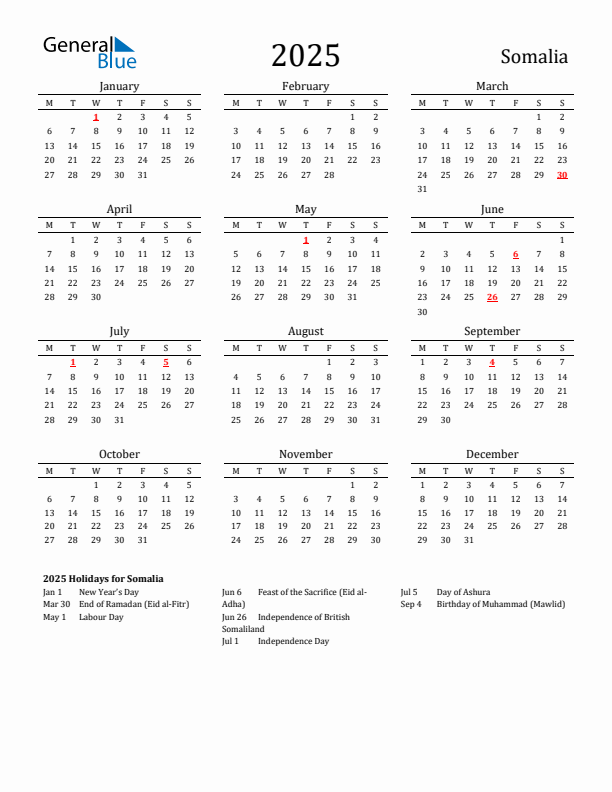 Somalia Holidays Calendar for 2025