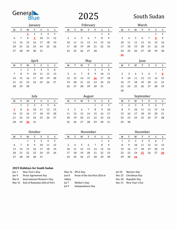 South Sudan Holidays Calendar for 2025