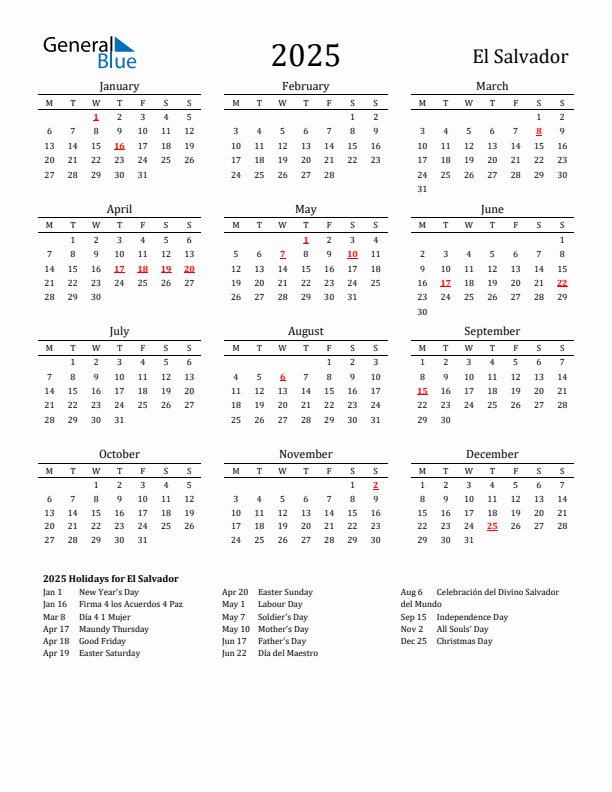 El Salvador Holidays Calendar for 2025